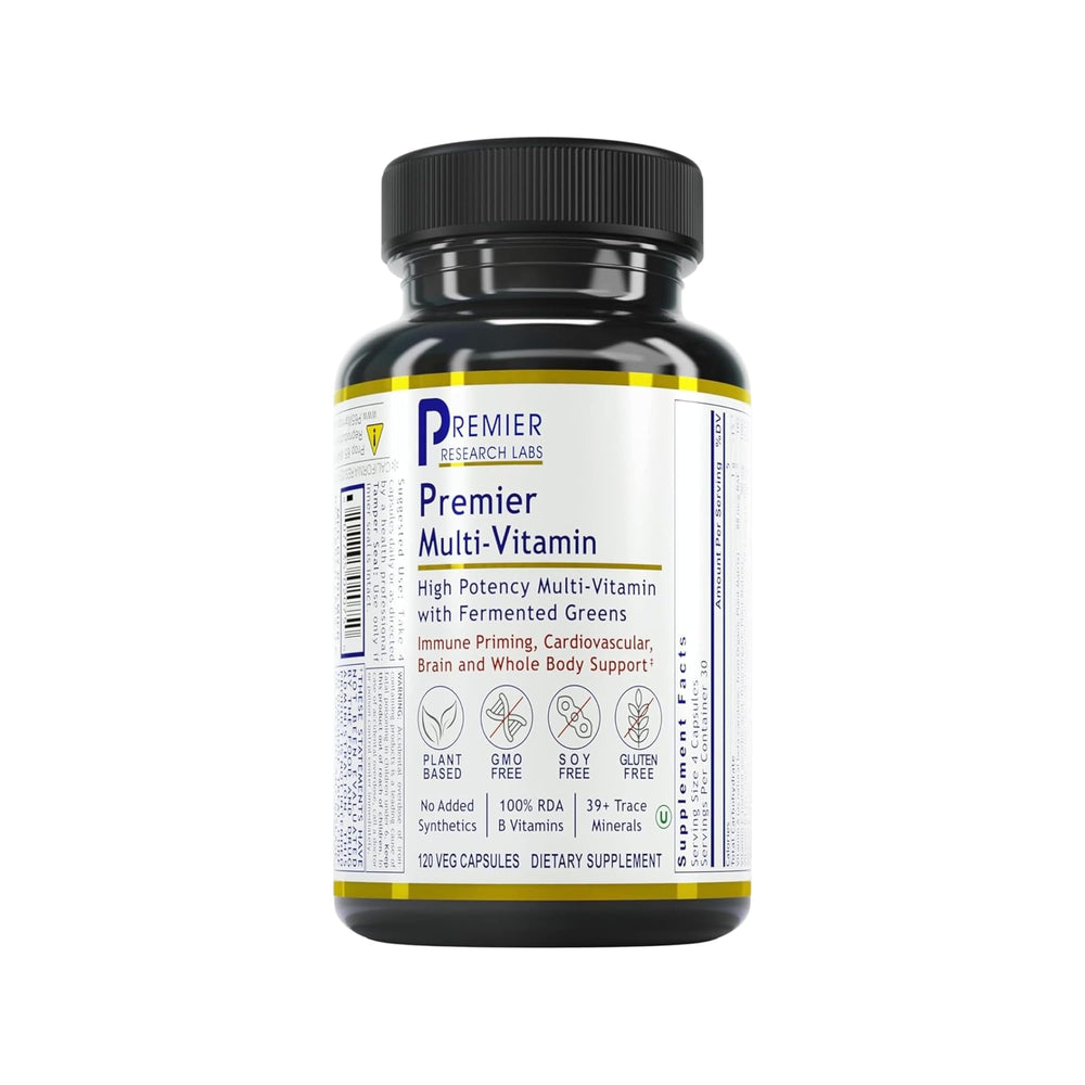 Premier Research Labs multi-vitamin bottle front showing compact daily wellness option for adults