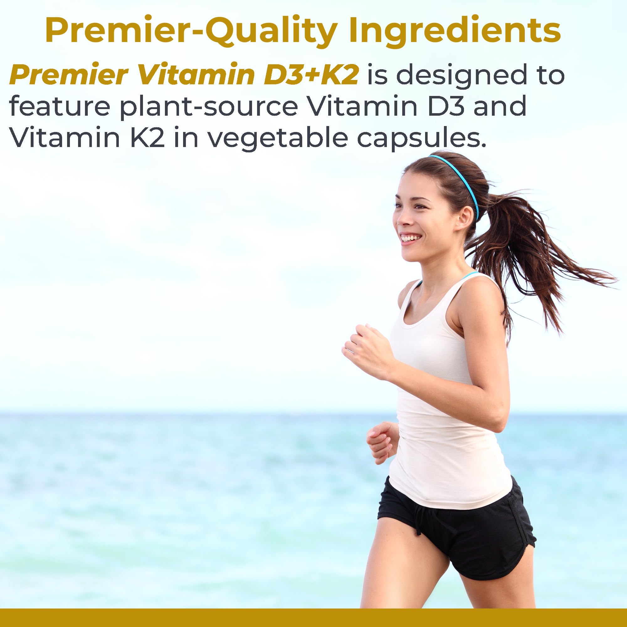 Premier Research Labs olive oil-infused D3 K2 capsules emphasizing vegan formula.