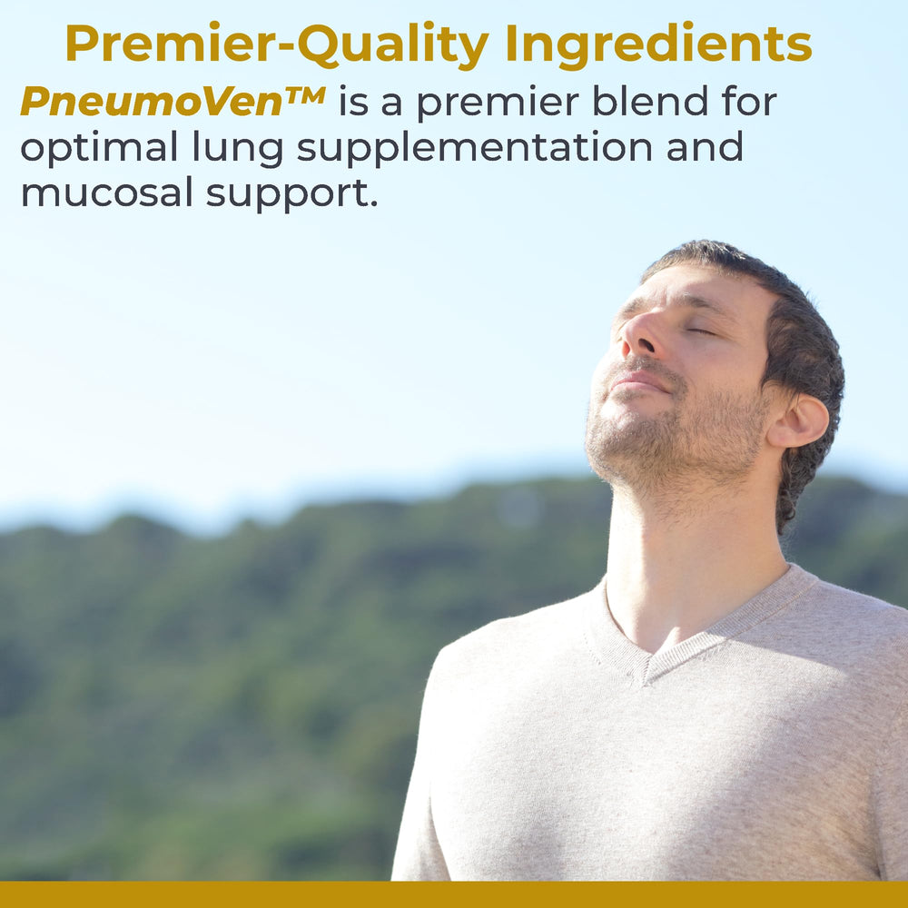 Close-up of PneumoVen ingredients (NAC, bromelain) highlighting respiratory health