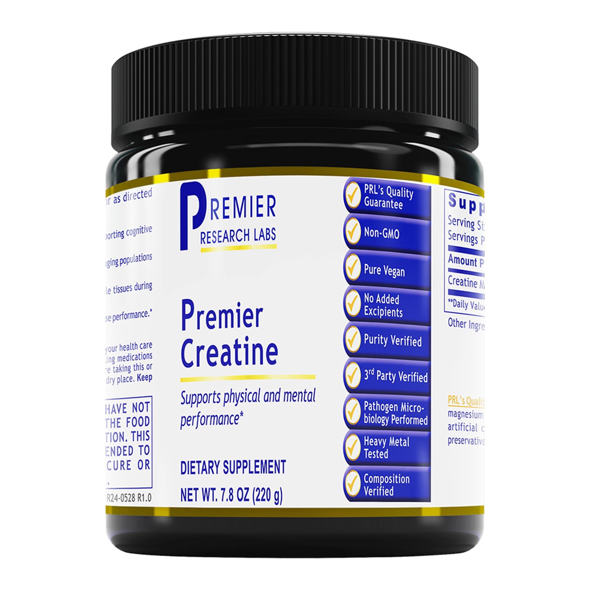 Premier Research Labs Premier Creatine bottle designed for vegan athletes.