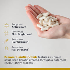 Premier Research Labs skin radiance capsules on label with vibrant packaging.