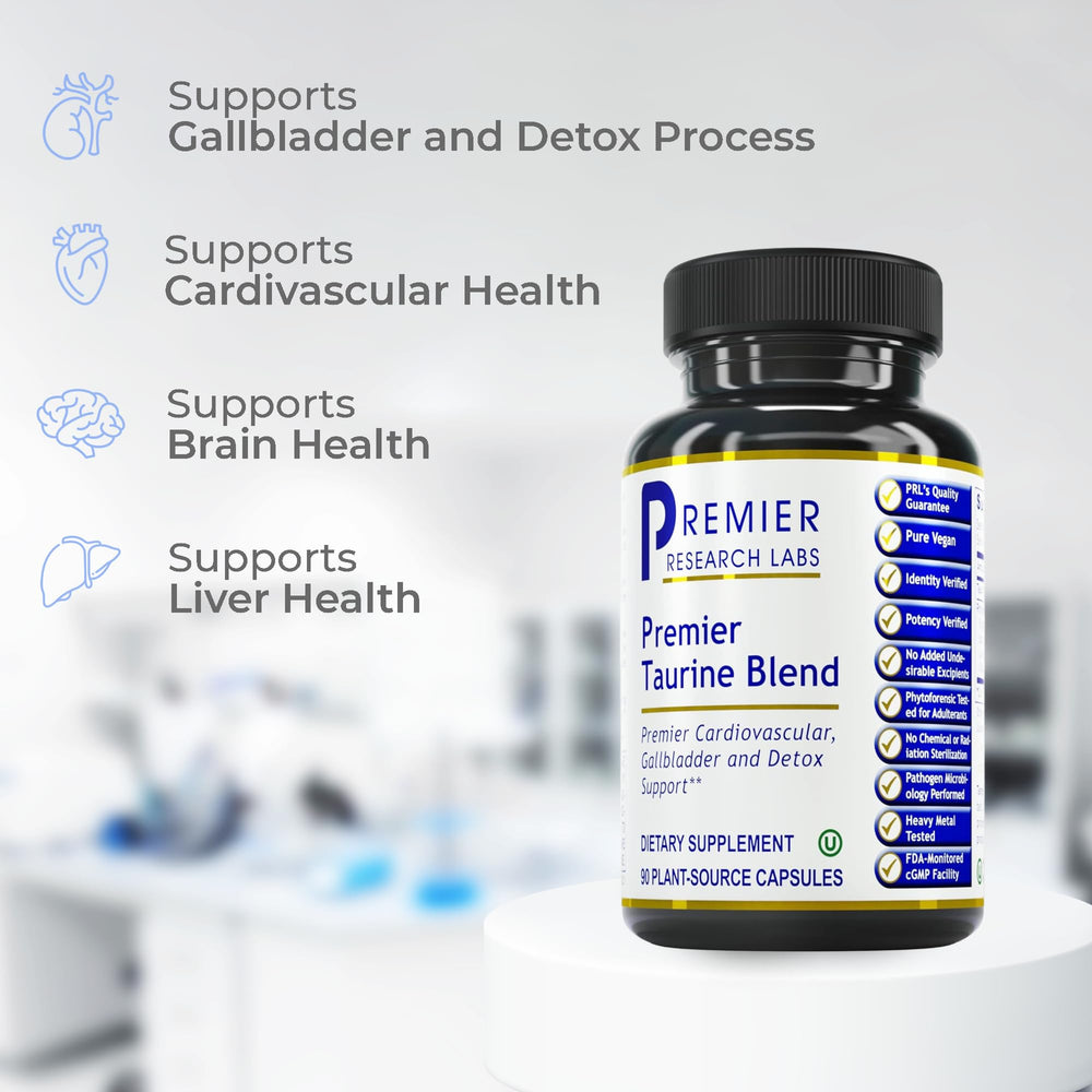 Premier Research Labs Taurine Blend botanicals image featuring reishi, hawthorn, prickly pear.