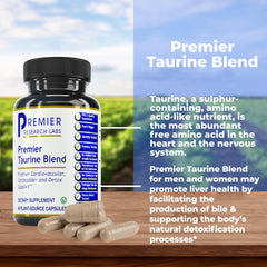 Premier Research Labs Taurine Blend capsules shown for daily brain and liver wellness.