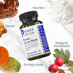 Premier Research Labs Taurine Blend label close-up highlighting botanicals for heart health.
