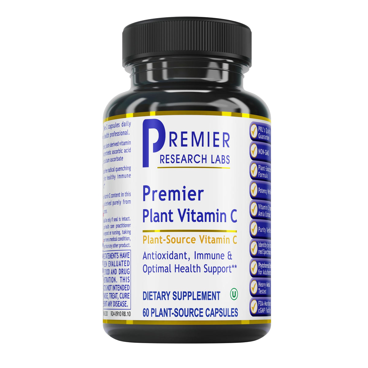 Premier Research Labs Vitamin C supplement bottle with a natural whole-food formula.