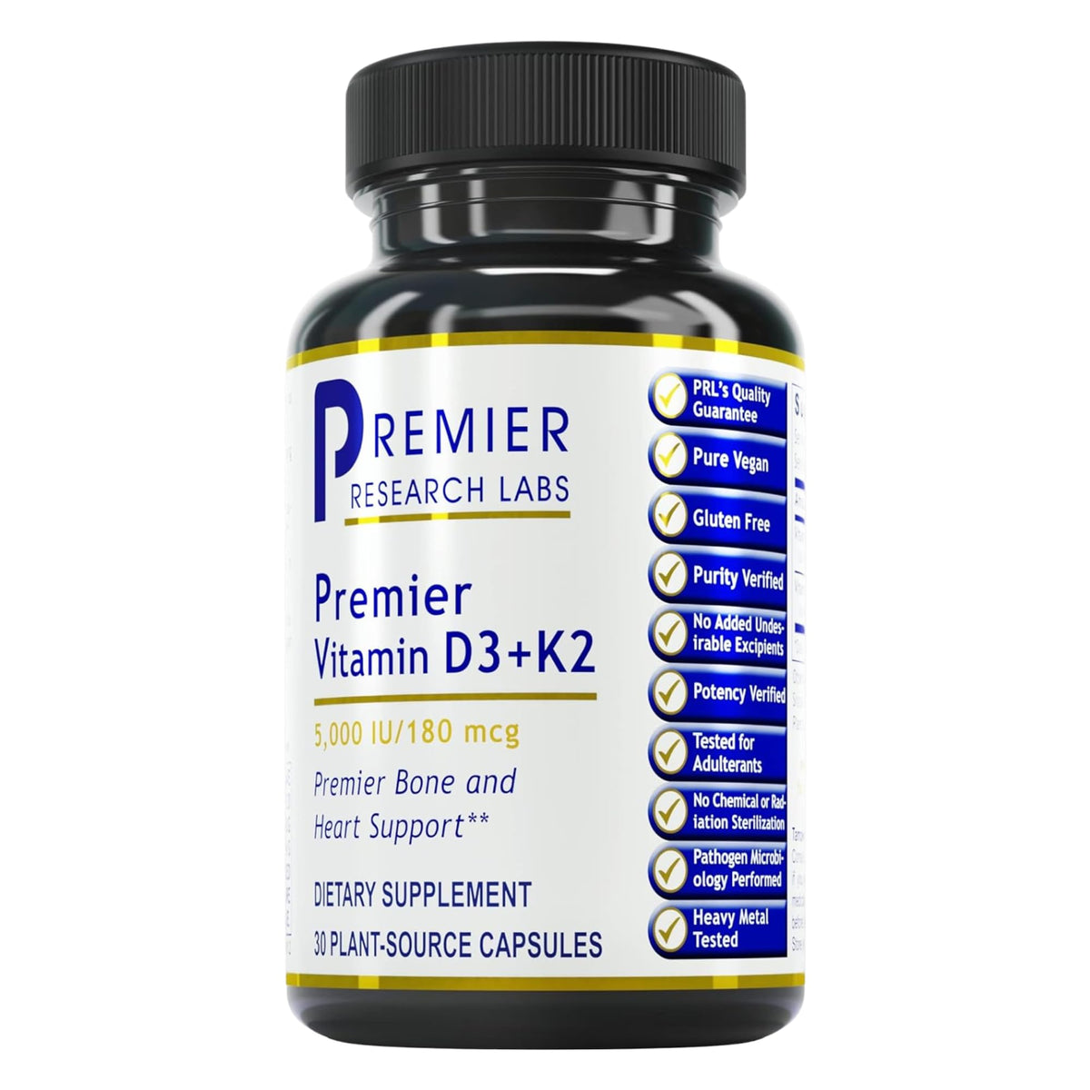 Premier Research Labs Vitamin D3 + K2 bottle close-up for bone health support.