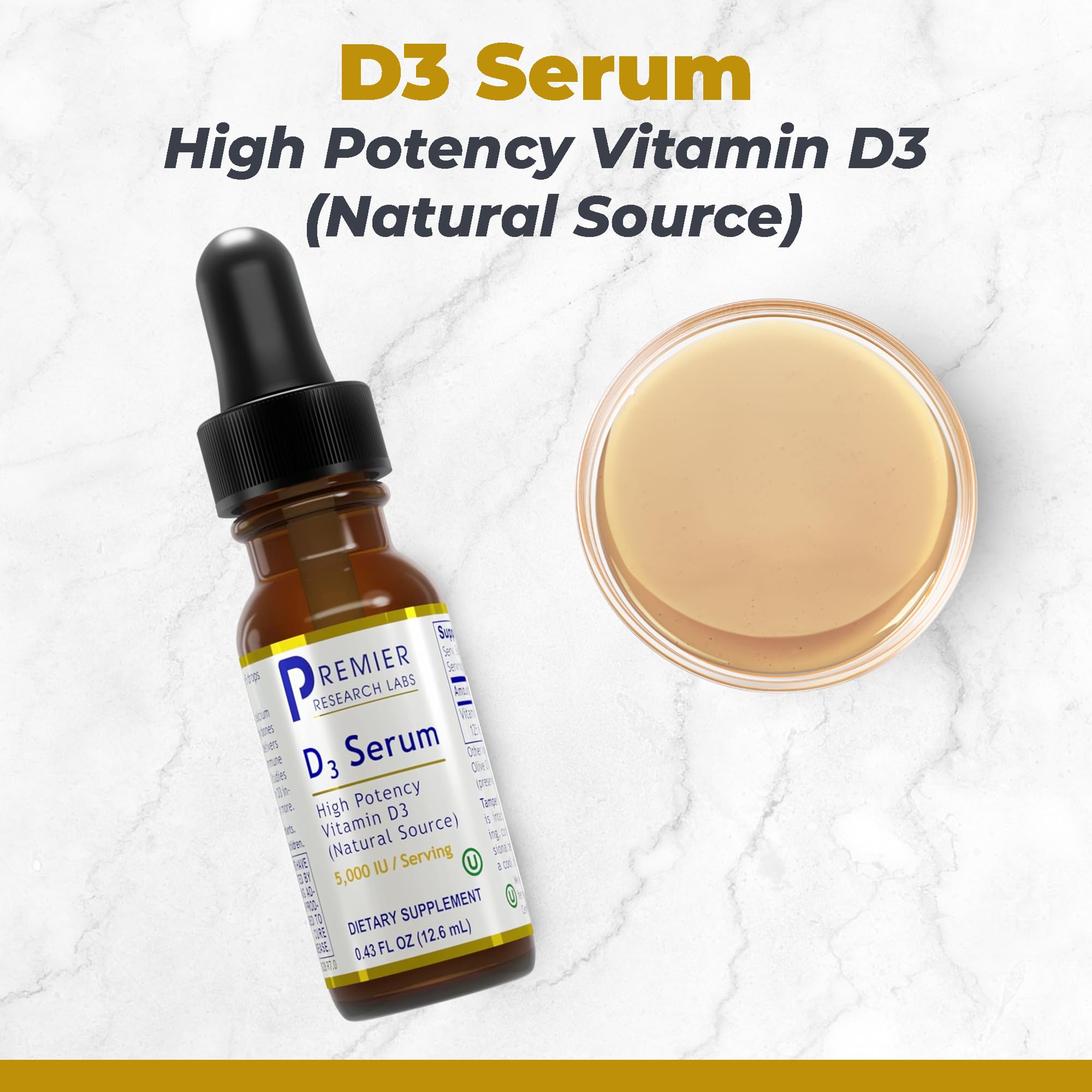 Premier Research Labs Vitamin D3 Serum dropper showing easy sublingual dosing.
