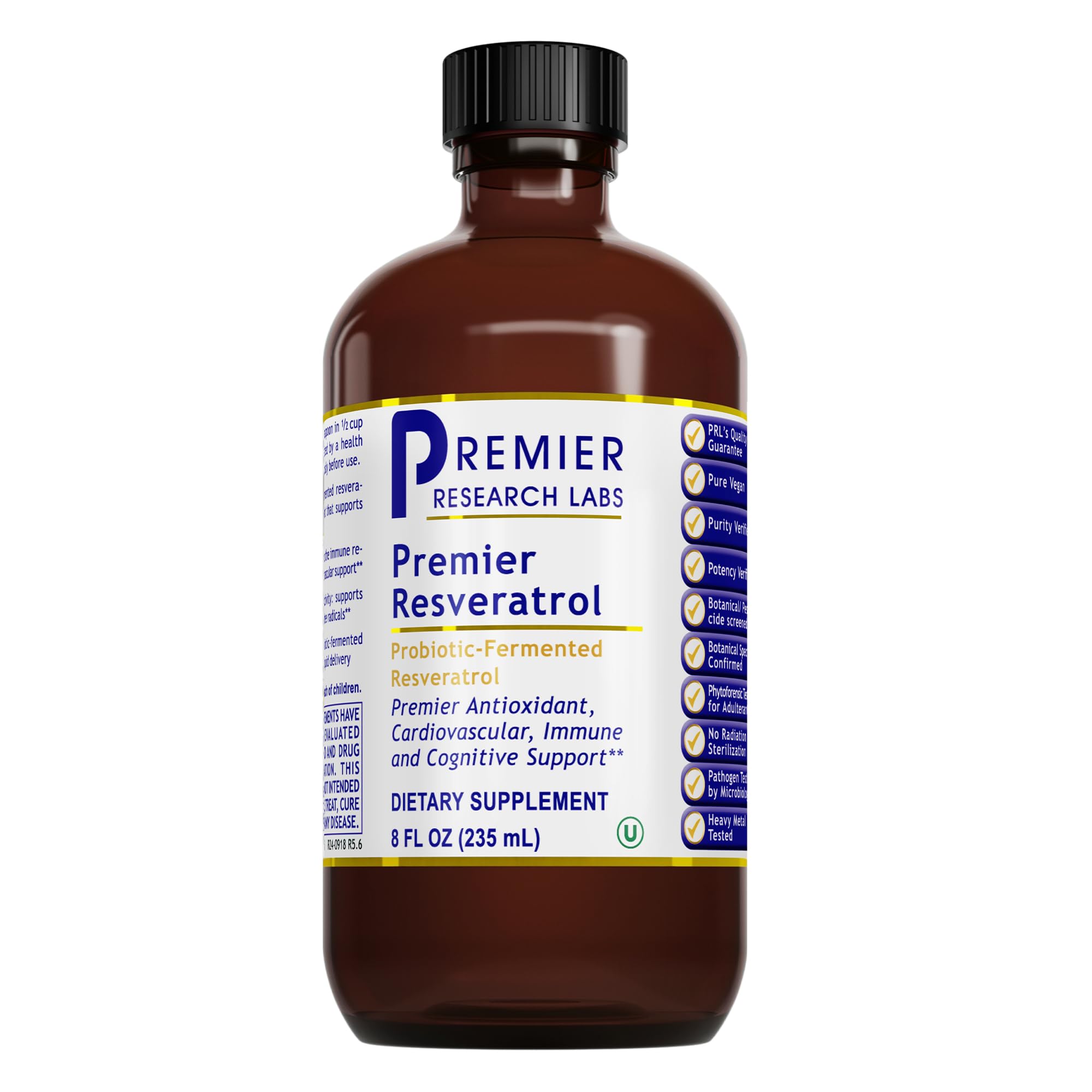 Premier Research Labs Resveratrol bottle highlights probiotic-fermented formula for antioxidant support.