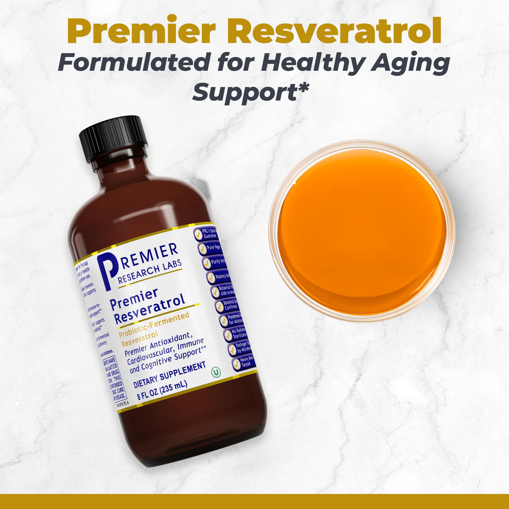 Premier Research Labs Resveratrol liquid pouring into water illustrates daily immune and heart health use.
