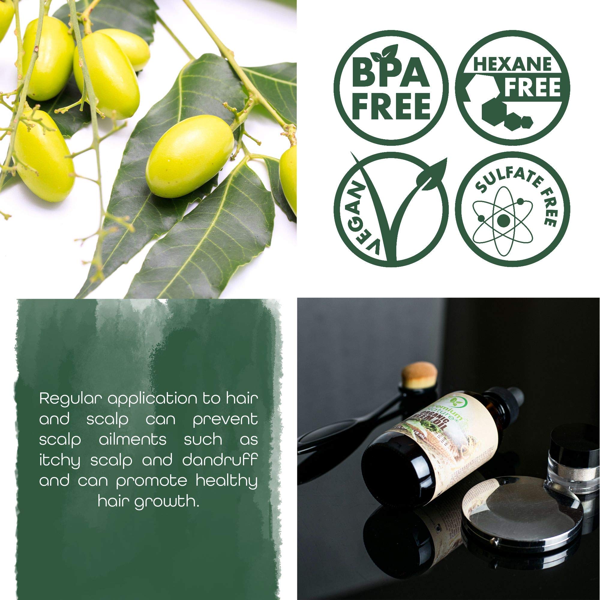 Premium Nature Neem Oil amber bottle highlights cold-pressed purity for skin nourishment.