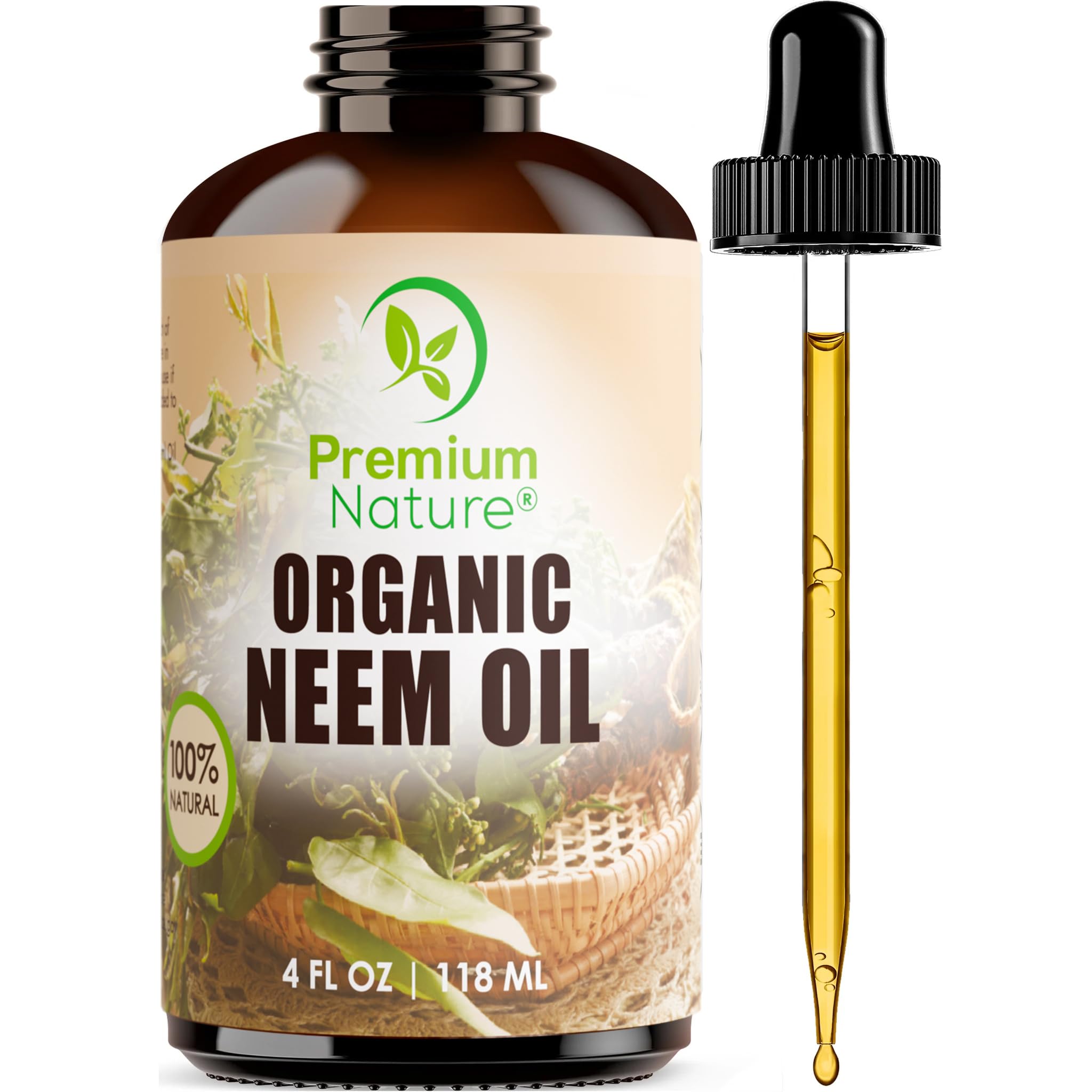 Premium Nature Neem Oil bottle shows pure, natural oil for skin and hair care.
