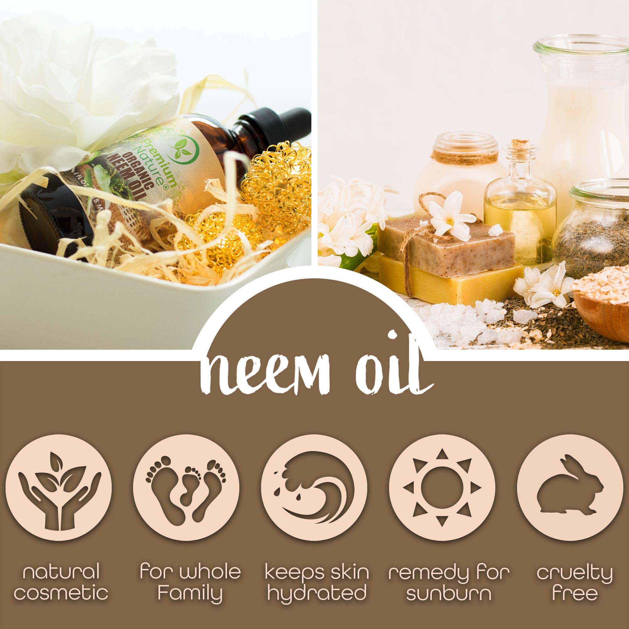 Premium Nature Neem Oil cosmetic jar demonstrates versatile skincare uses.