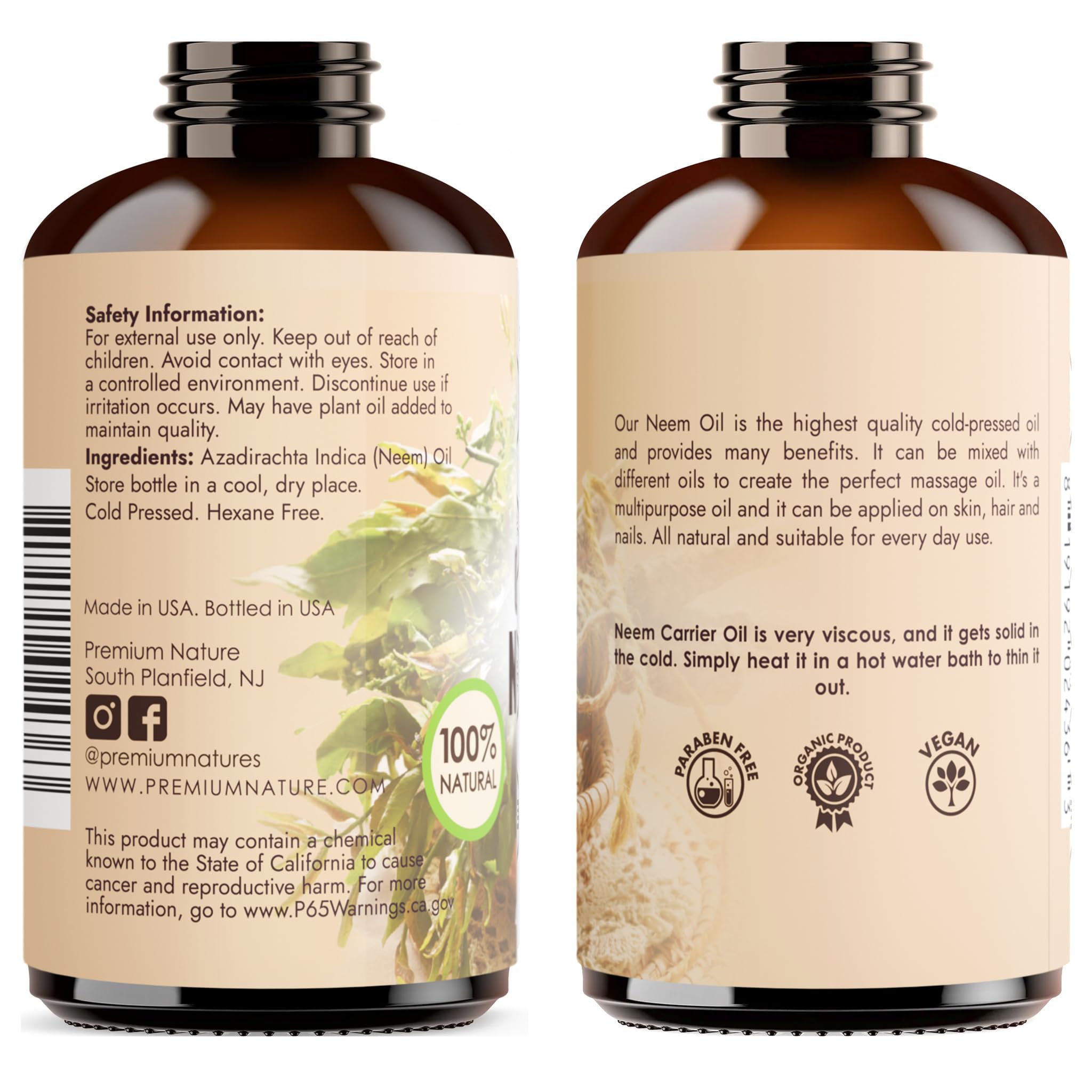Premium Nature Neem Oil packaging communicates purity and eco-friendly sourcing.