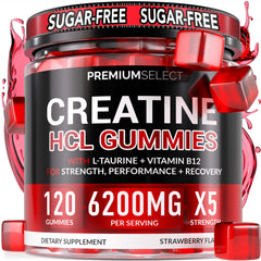Premium Select Nutrition Creatine HCL gummies bottle-front communicates energy and recovery potential.