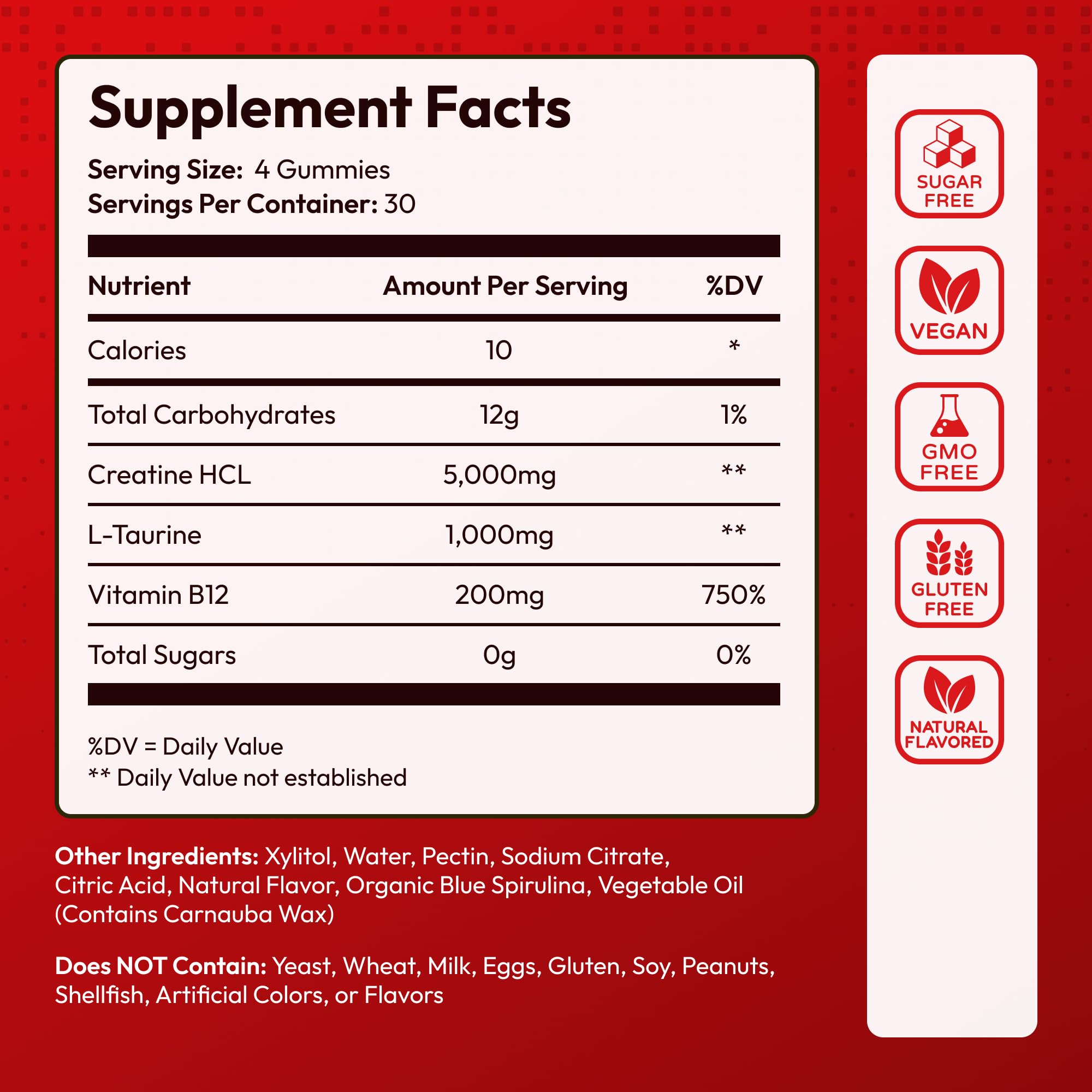 Premium Select Nutrition Creatine HCL gummies vegan-serving icons illustrate clean formula.