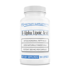 Premium-Supplements R-Alpha Lipoic Acid bottle front, triple strength vegan formula.