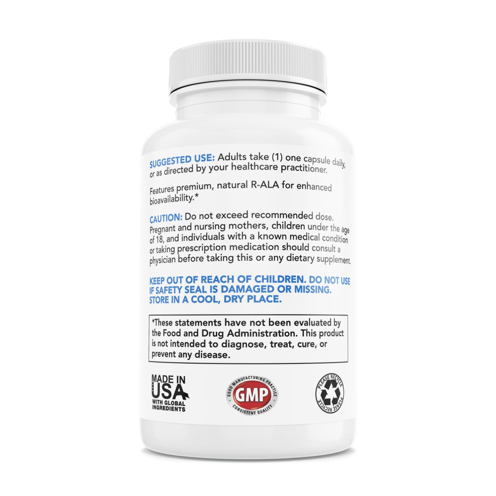 Premium-Supplements R-Alpha Lipoic Acid capsules on tray, non-GMO and gluten-free.