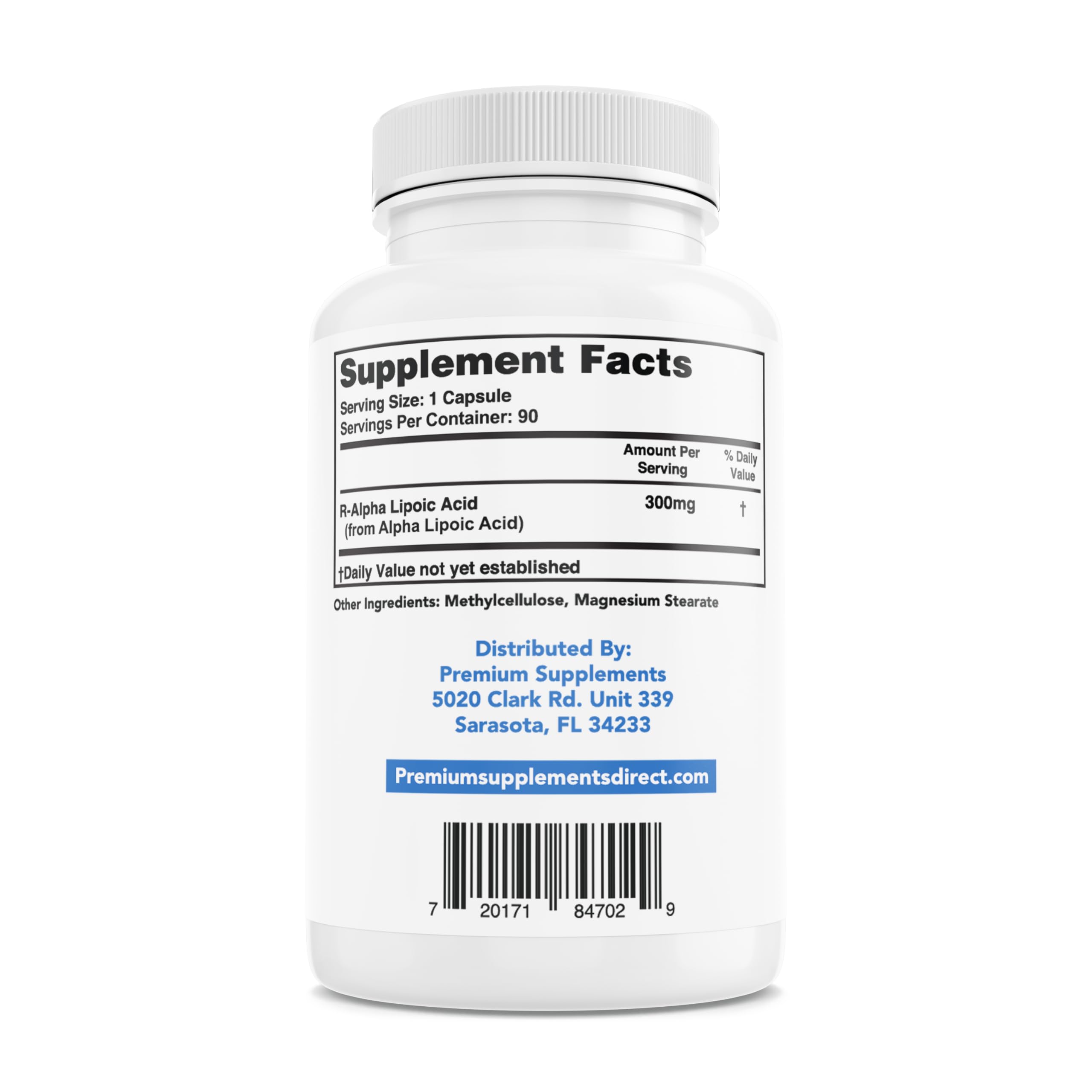 Premium-Supplements R-Alpha Lipoic Acid label closeup, USA-sourced stabilized R-ALA.