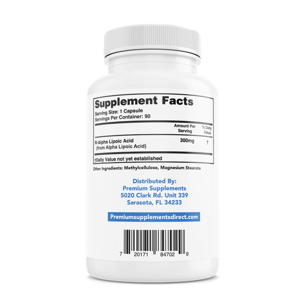 Premium-Supplements R-Alpha Lipoic Acid label closeup, USA-sourced stabilized R-ALA.