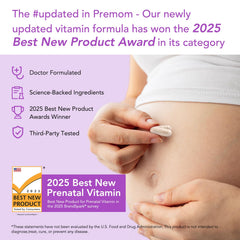 Premom prenatal ingredients label highlights 680 mcg DFE folate and choline.