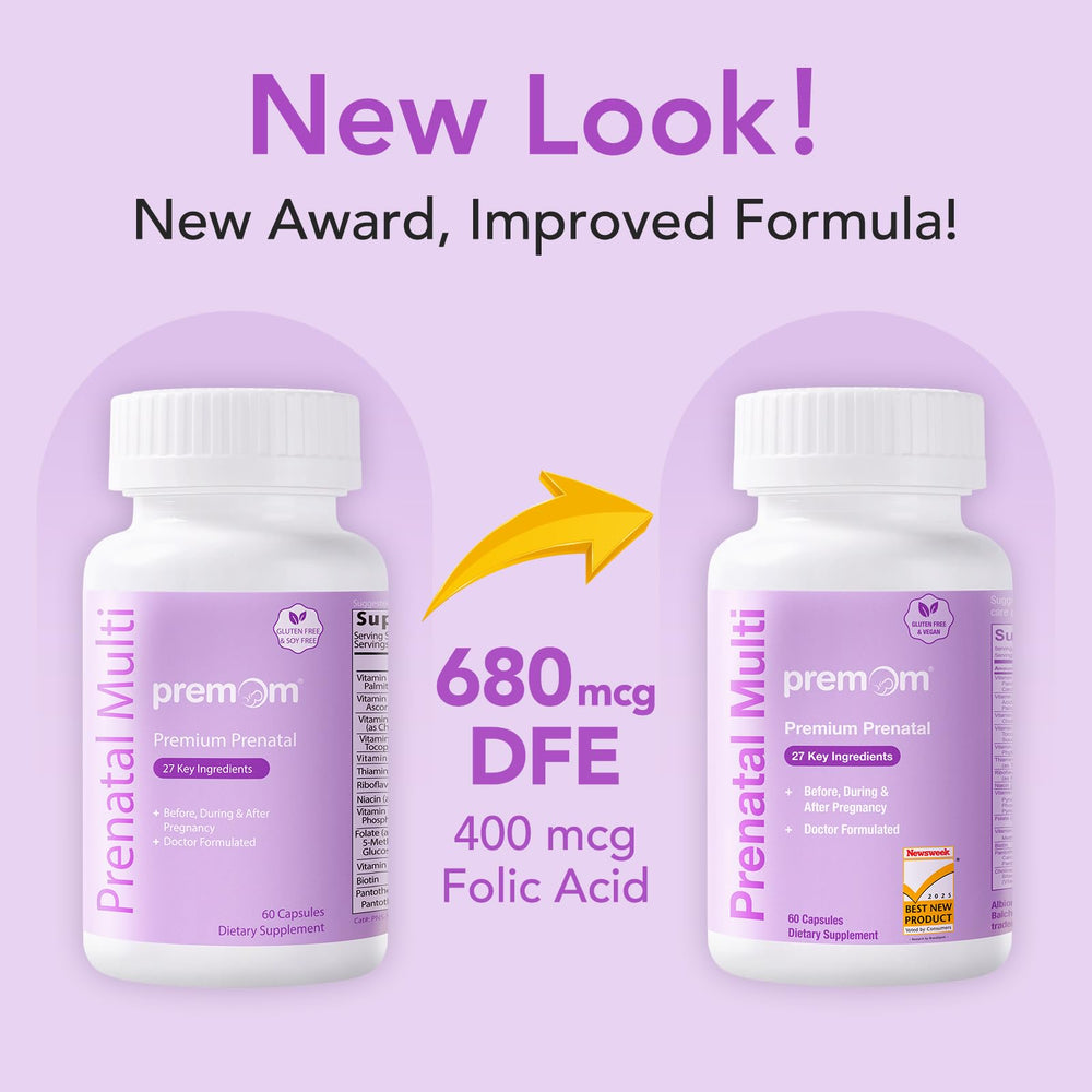 Premom prenatal two-capsule serving demonstrates convenient daily intake.