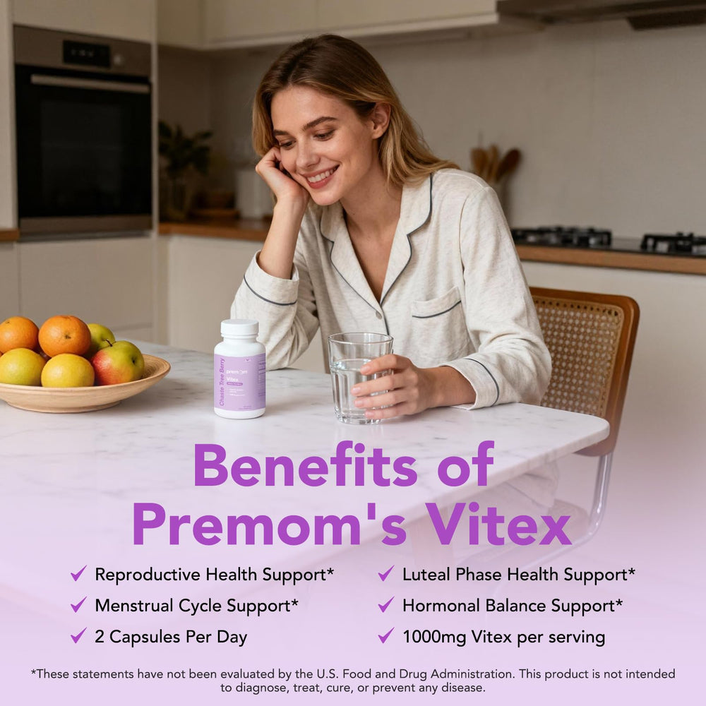 Premom Vitex bottle label clearly displaying vegan and non-GMO promise.
