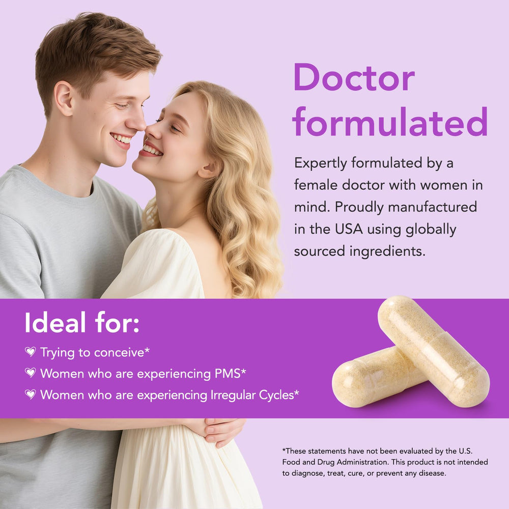 Premom Vitex bottle side view emphasizing 60 capsules for a 30-day supply for cycle consistency.