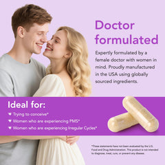 Premom Vitex bottle side view emphasizing 60 capsules for a 30-day supply for cycle consistency.
