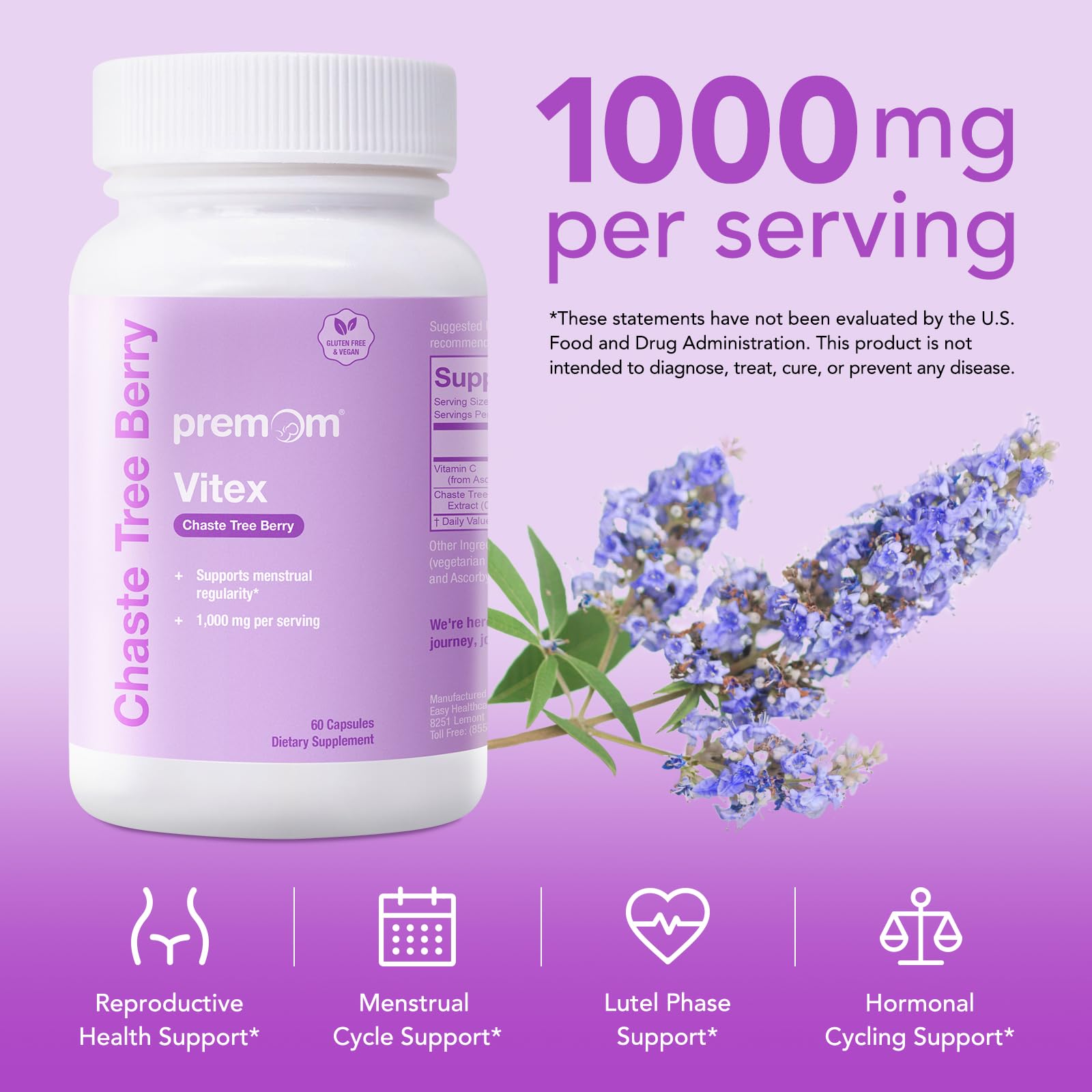 Premom Vitex capsules close-up highlighting 1000mg per serving for cycle support.