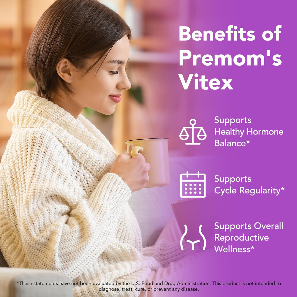 Premom Vitex packaging display with clean herbal branding and fertility-friendly messaging.
