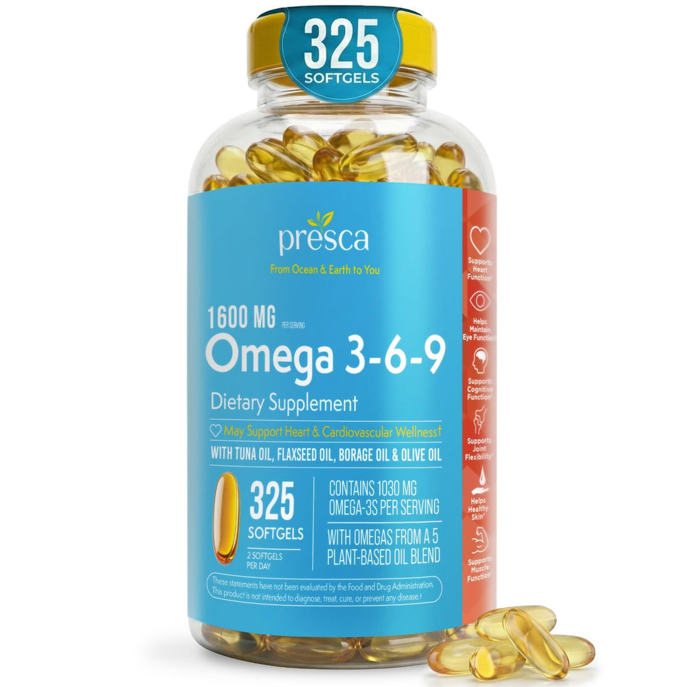 Presca Omega 3-6-9 softgels bottle front for daily heart and eye support.
