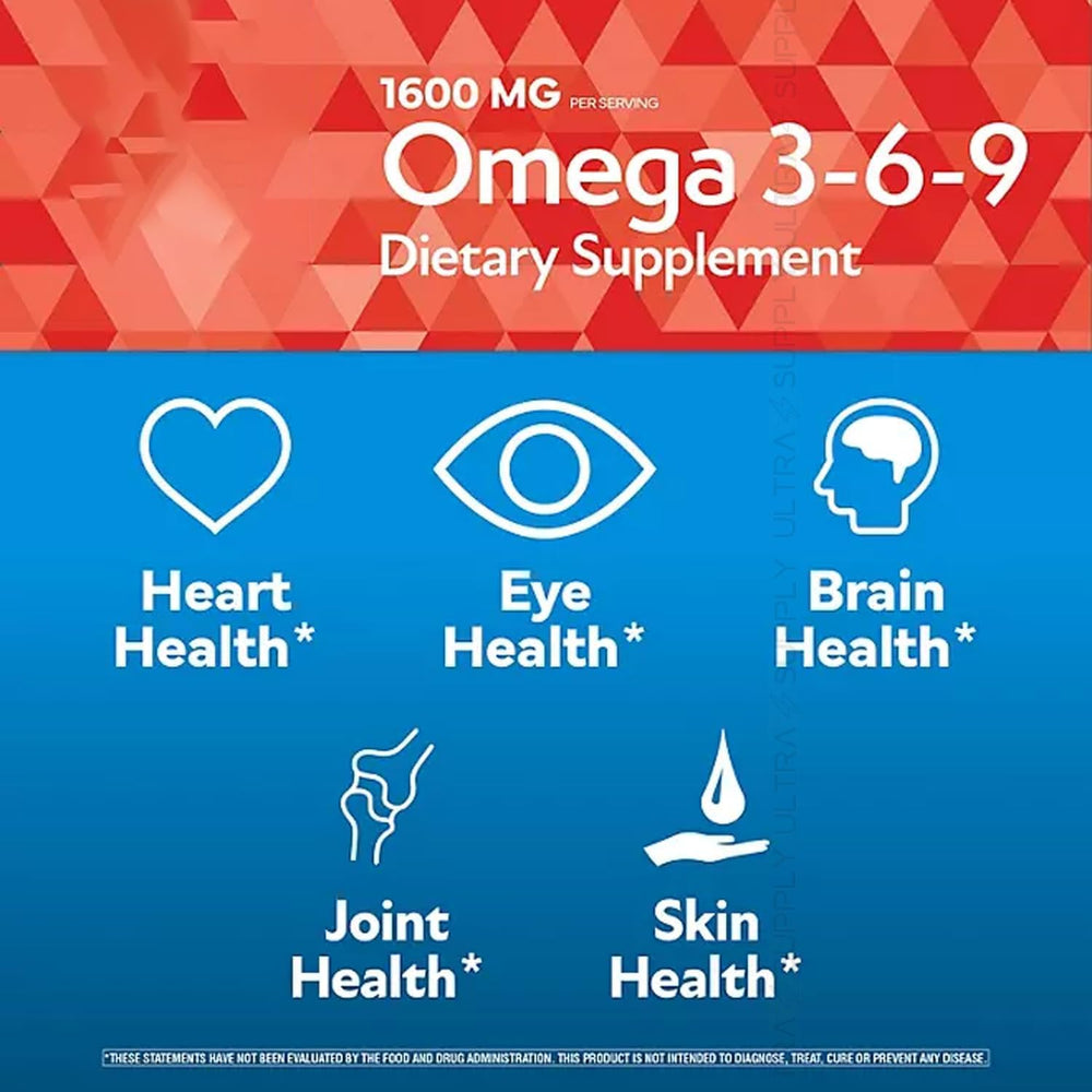 Presca Omega 3-6-9 softgels closeup highlighting easy swallow capsules.