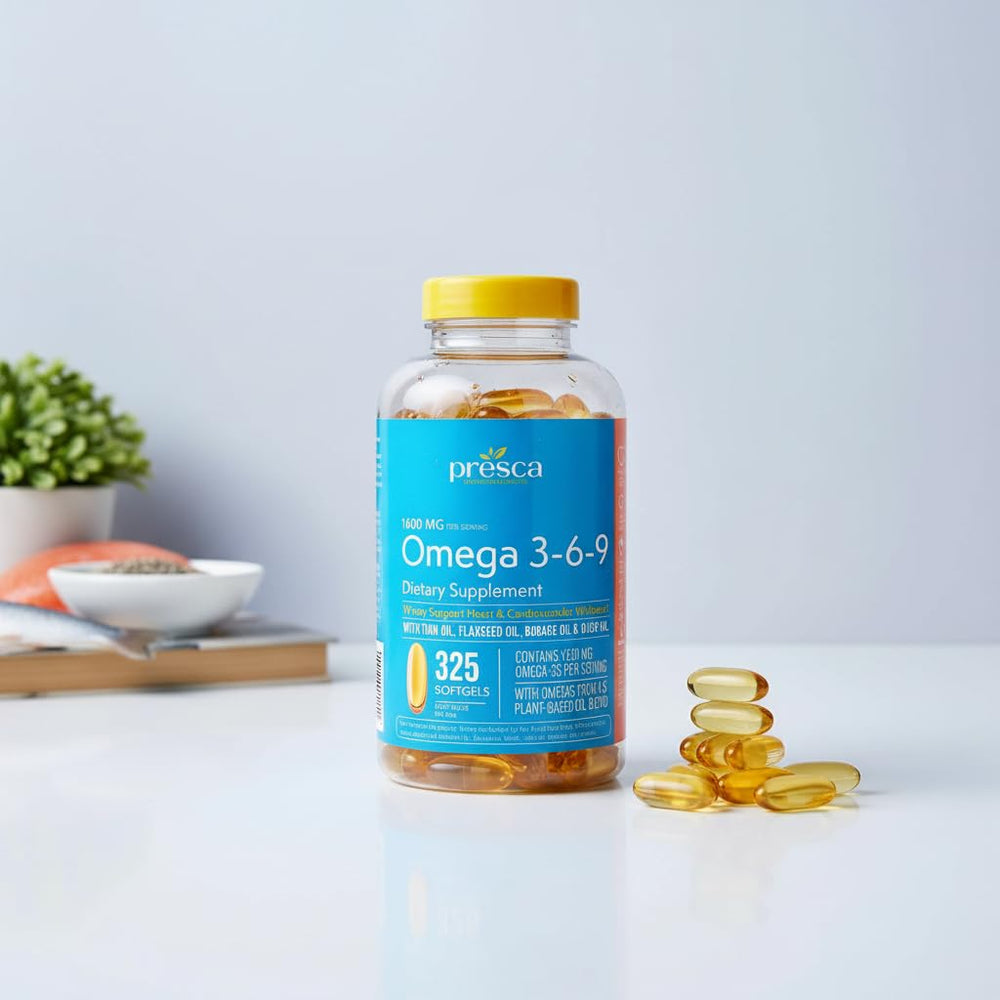 Presca Omega 3-6-9 textured cap and capsules ready for use.