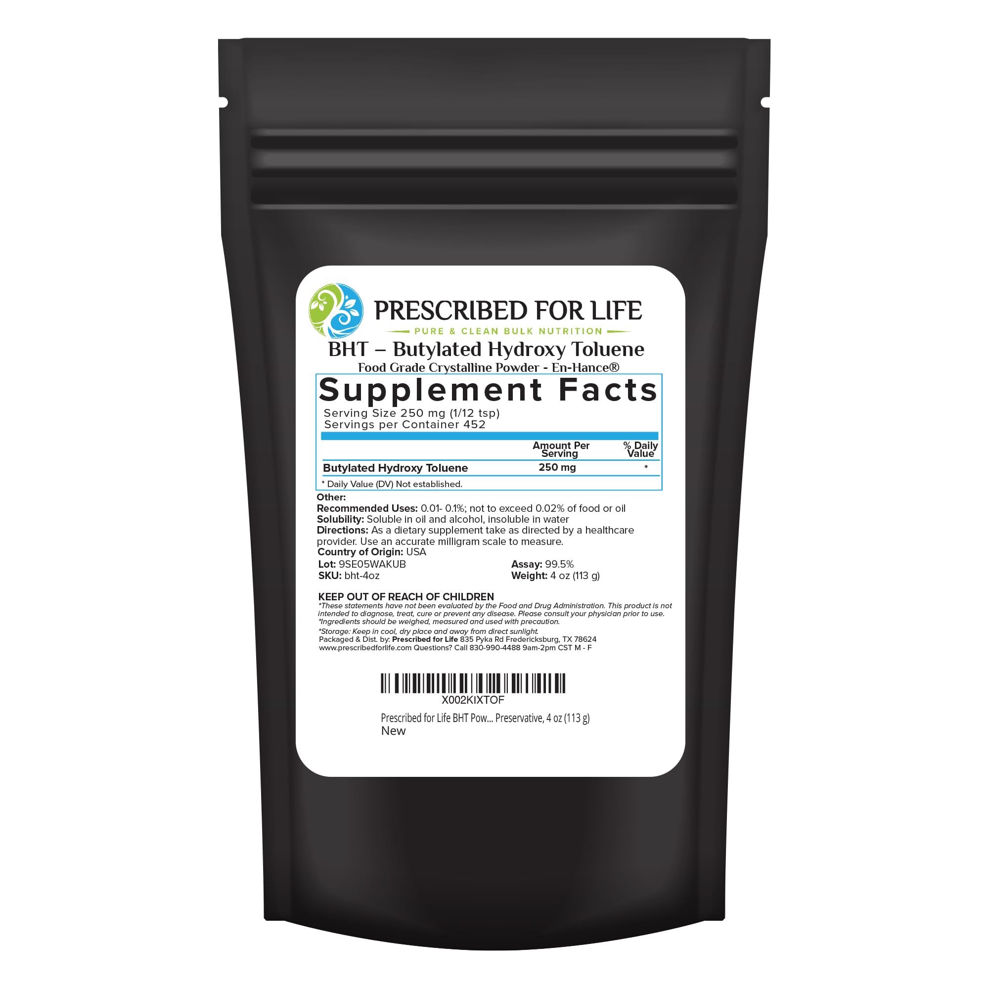 Prescribed For Life BHT powder in a sealed pouch for long-lasting food preservation