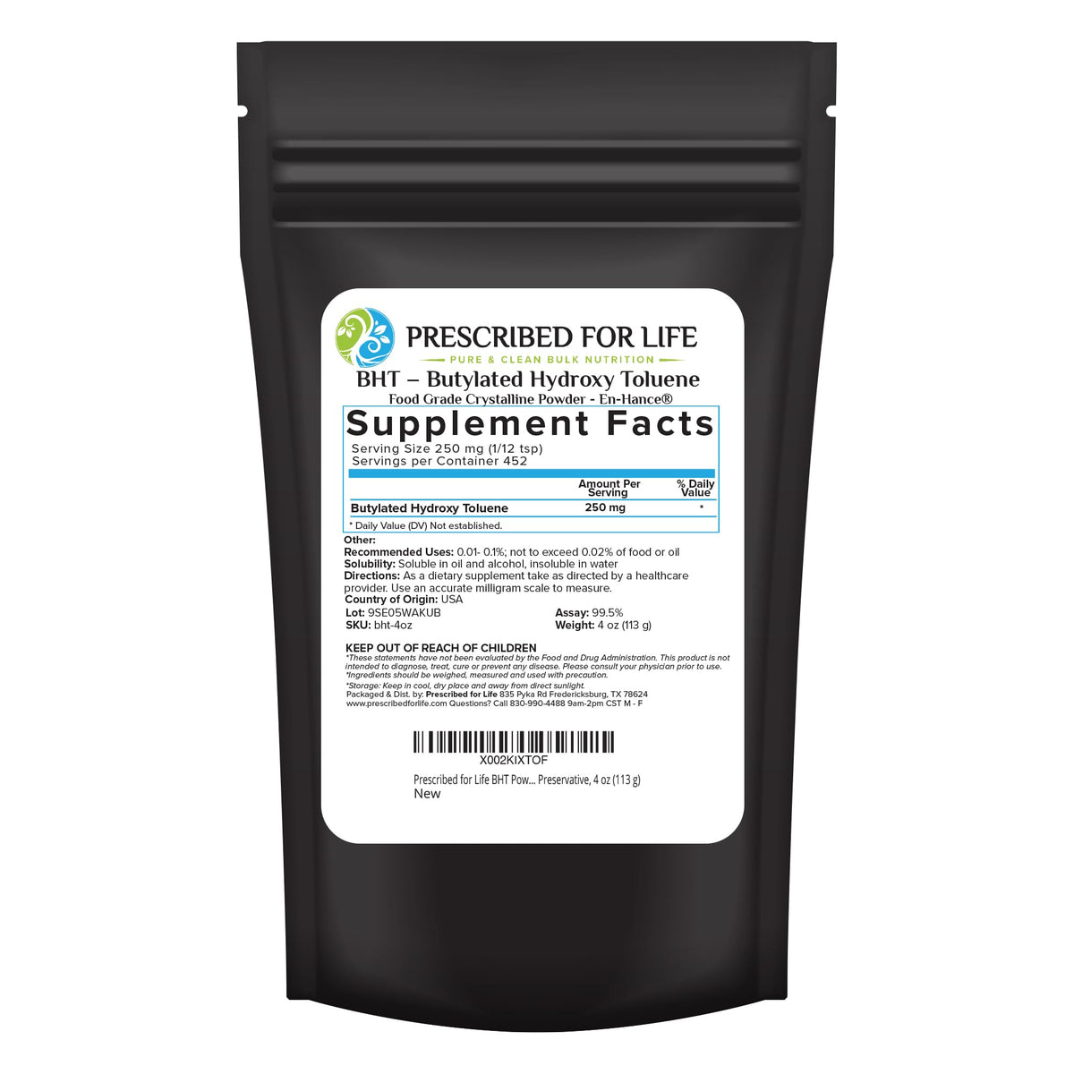 Prescribed For Life BHT powder in a sealed pouch for long-lasting food preservation
