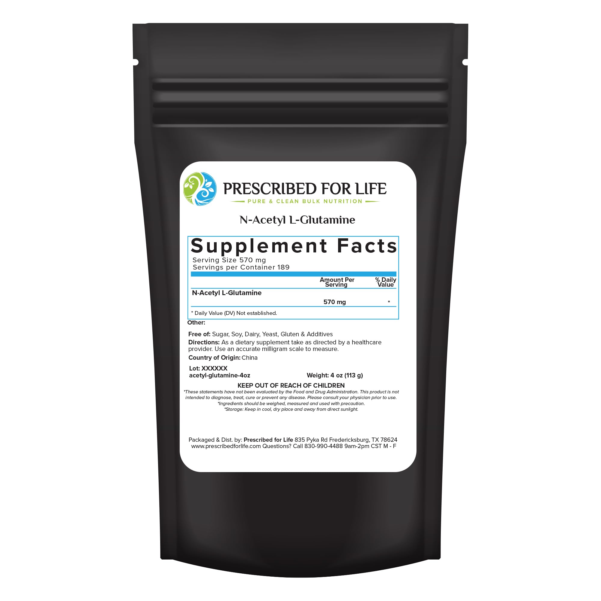 Prescribed For Life N Acetyl L Glutamine powder bottle for pure L-Glutamine in workouts
