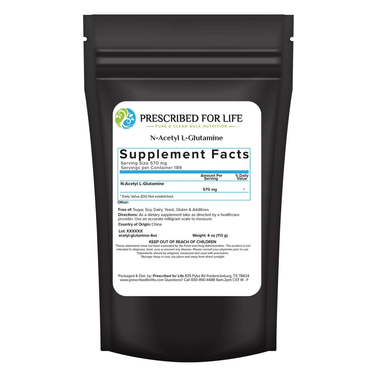 Prescribed For Life N Acetyl L Glutamine powder bottle for pure L-Glutamine in workouts