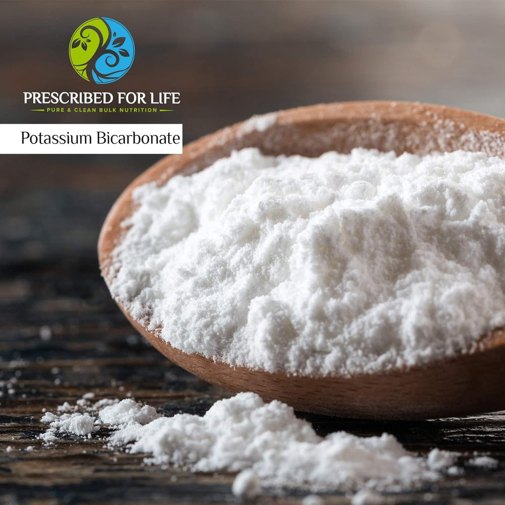 Crystalline Prescribed for Life potassium bicarbonate powder highlighting purity and USP-grade quality.