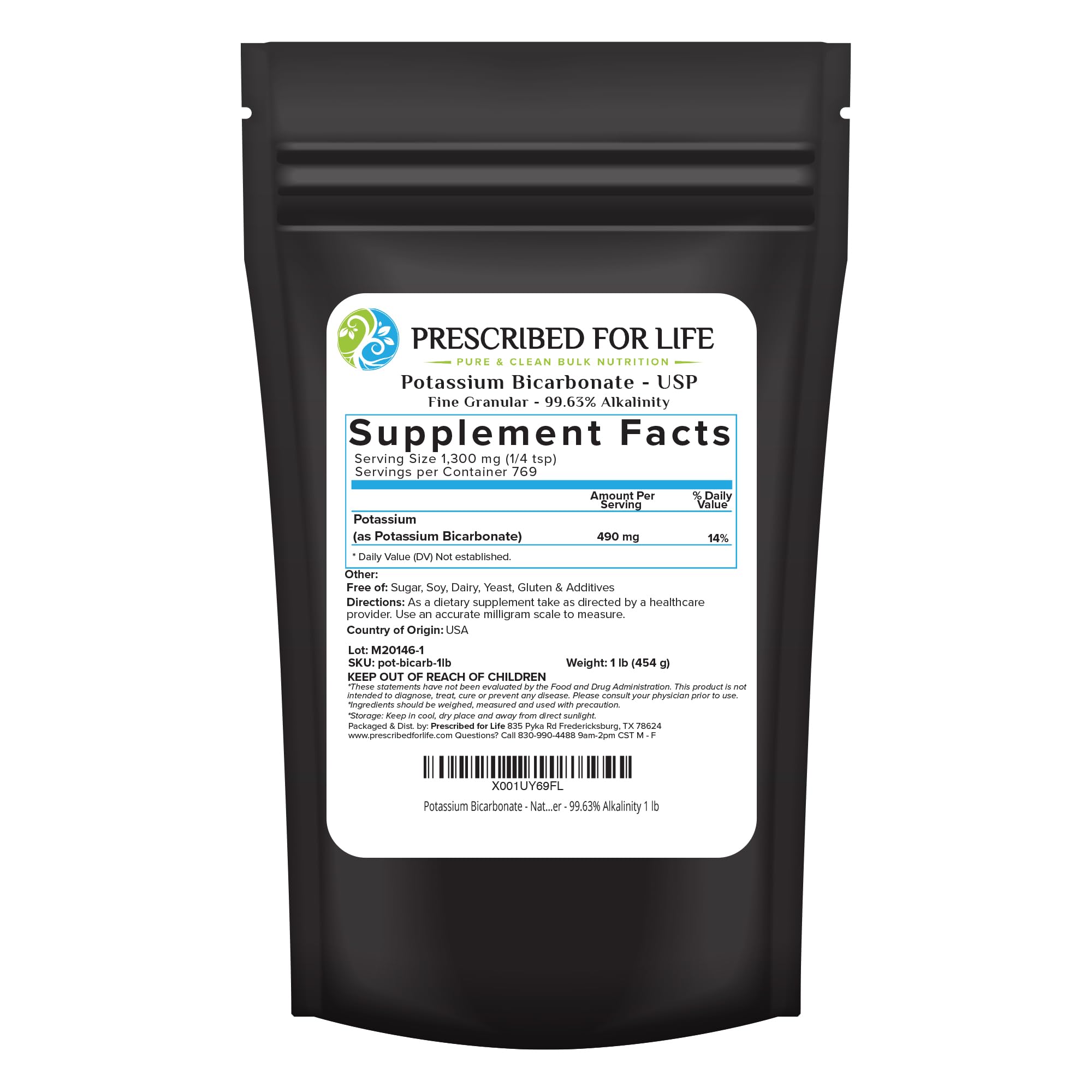 Prescribed for Life potassium bicarbonate powder packaging shown for versatile kitchen and garden use.