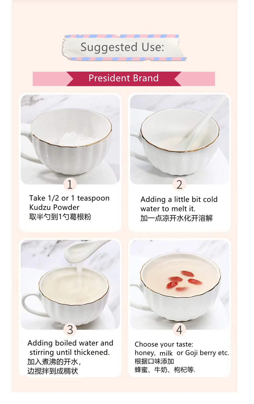 President Brand Kudzu powder stirred into warm water for a smooth drink