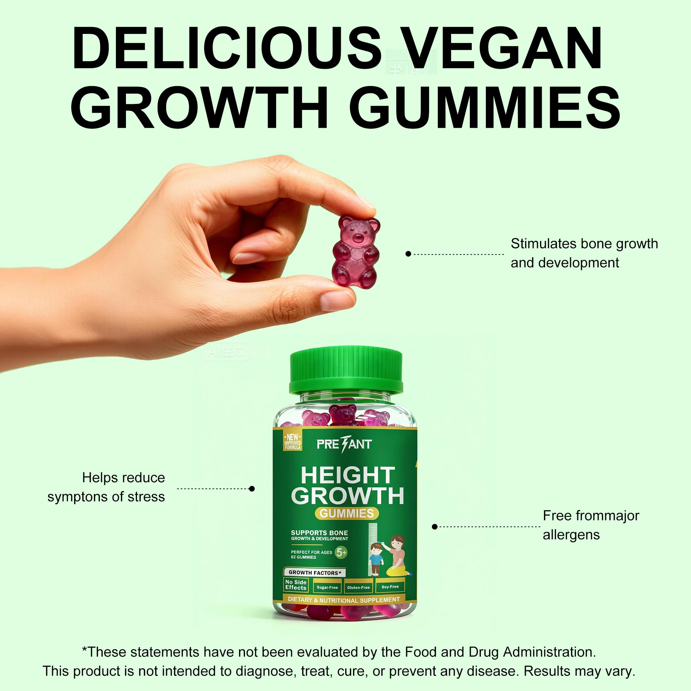 PRETANT Growth Gummies calcium and vitamin D support bone health.