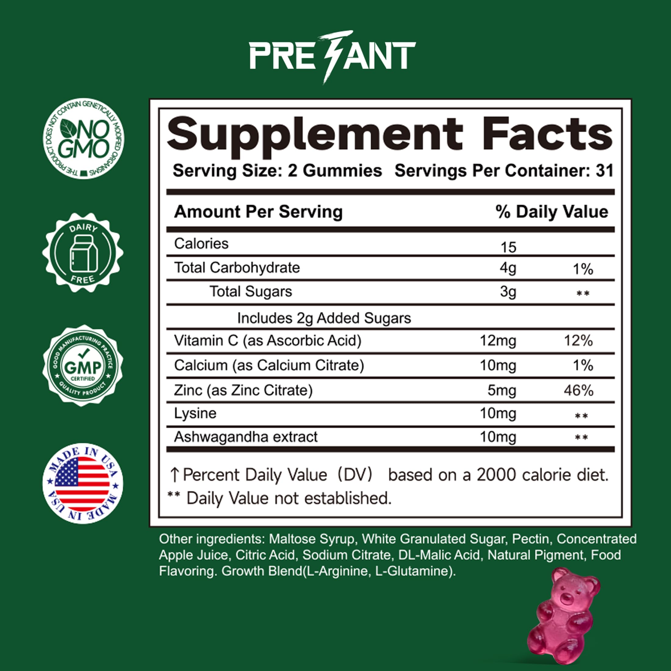 PRETANT Growth Gummies produced in a USA GMP facility for quality.
