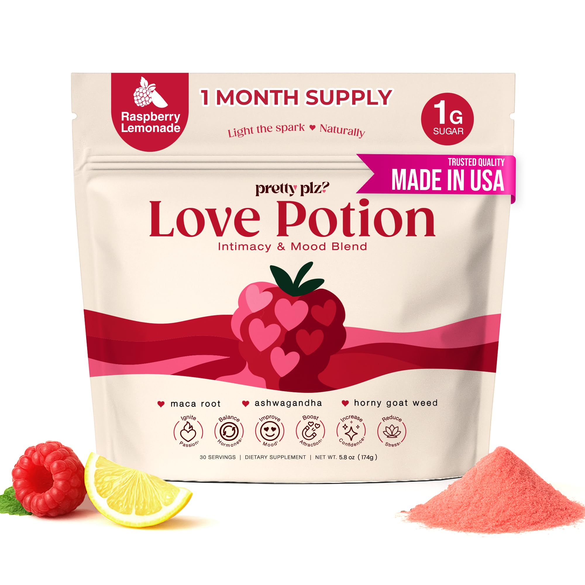 Pretty Plz? Female Libido Booster bottle on counter for easy daily use and mood support.