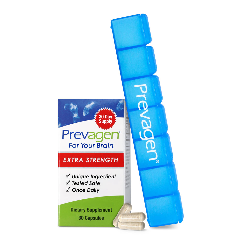 Prevagen Extra Strength bottle close-up showing daily brain support capsule.