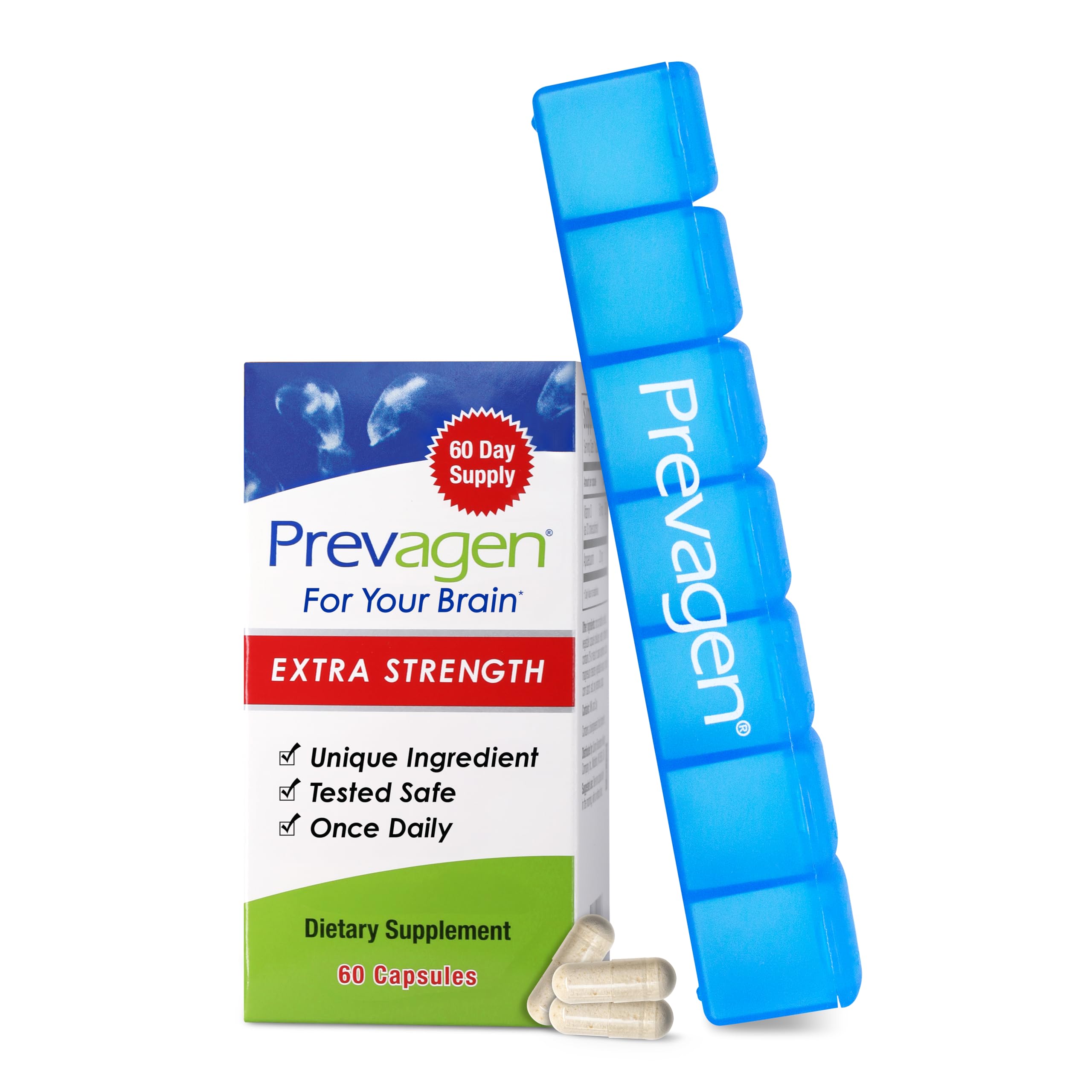 Prevagen Extra Strength bottle front view showing daily brain support features