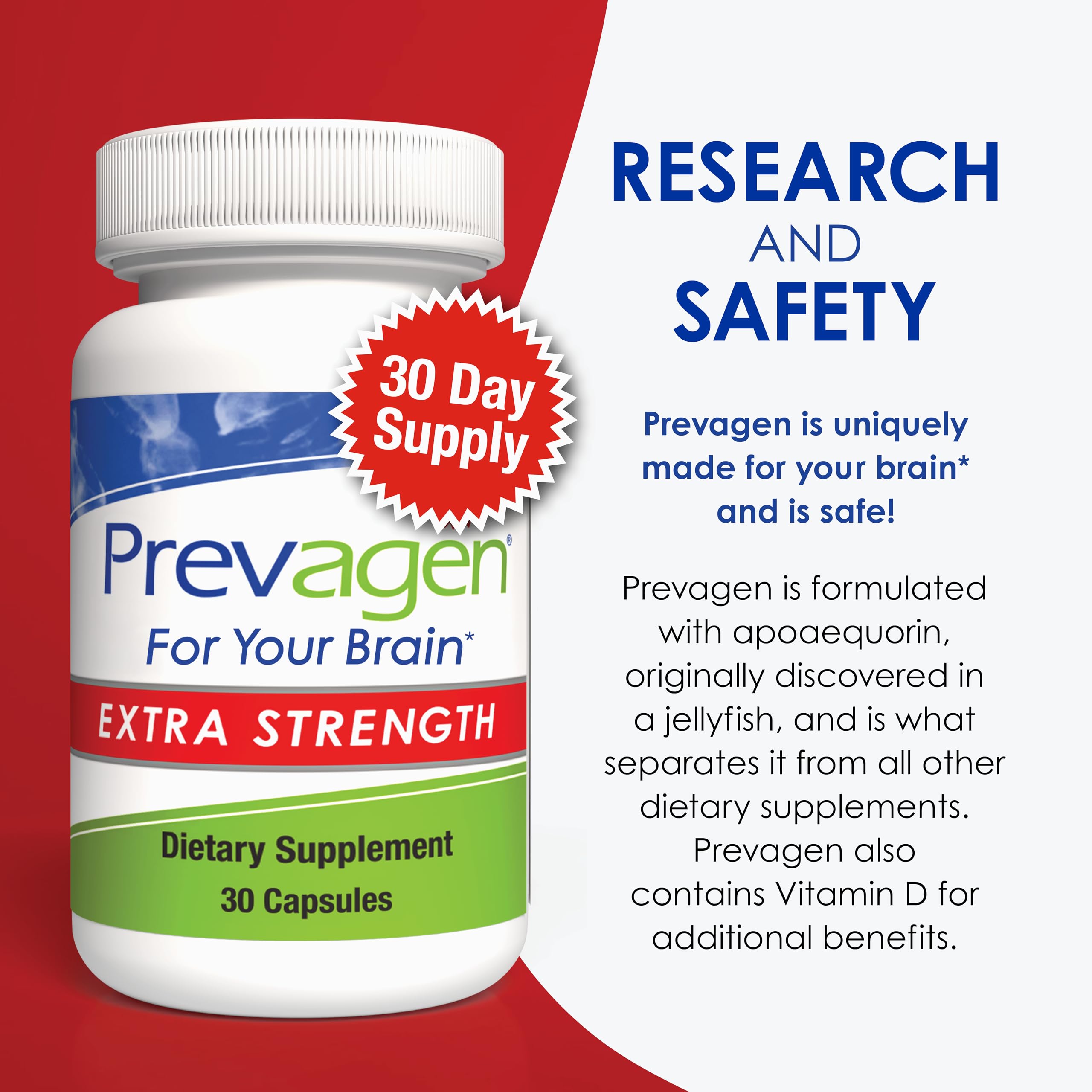Prevagen Extra Strength bottle top view showing secure cap and branding.