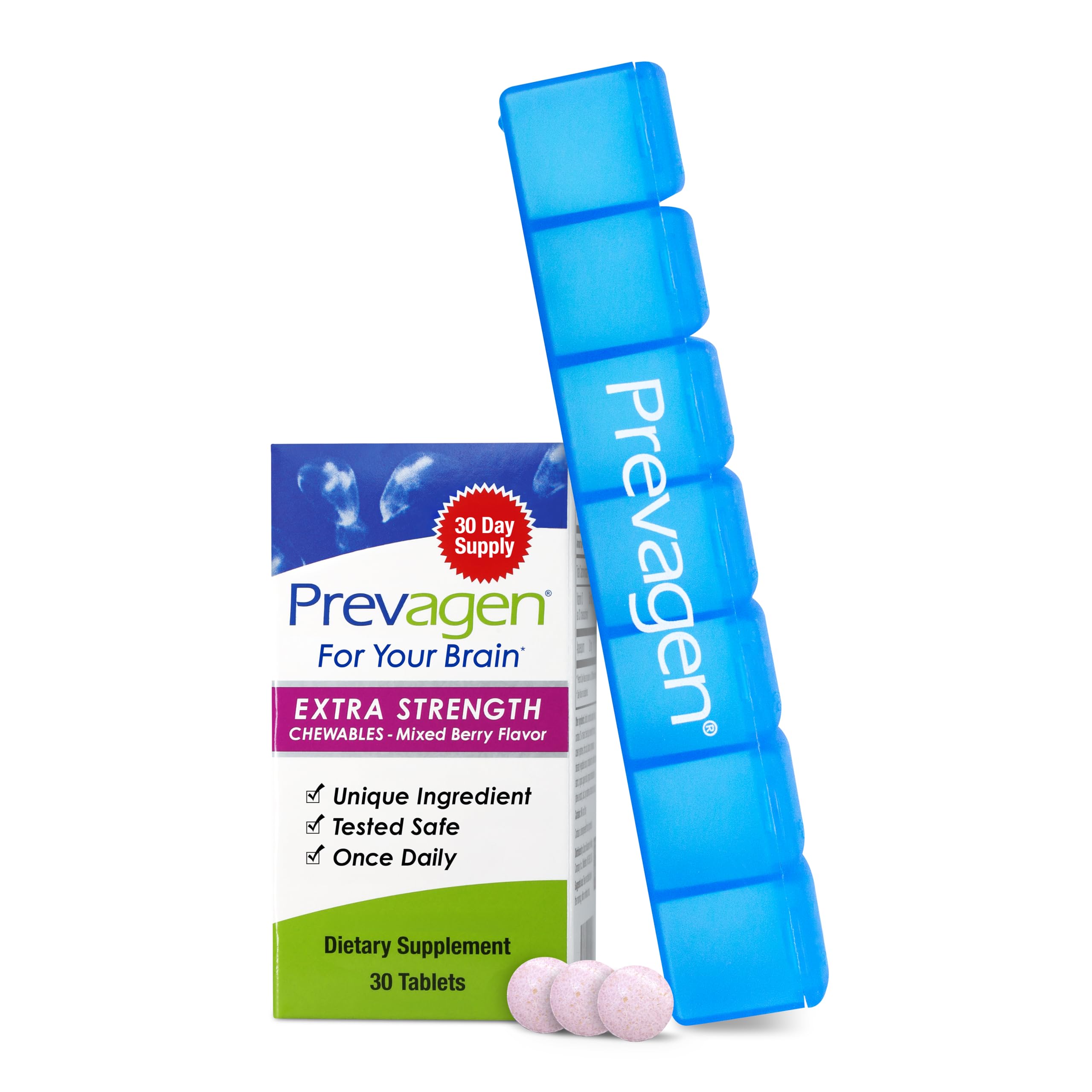 Prevagen Extra Strength Mixed Berry Chewables bottle on counter, may support daily cognitive wellness.
