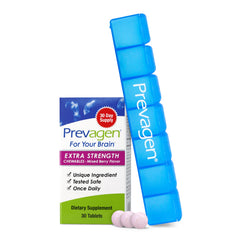 Prevagen Extra Strength Mixed Berry Chewables bottle on counter, may support daily cognitive wellness.