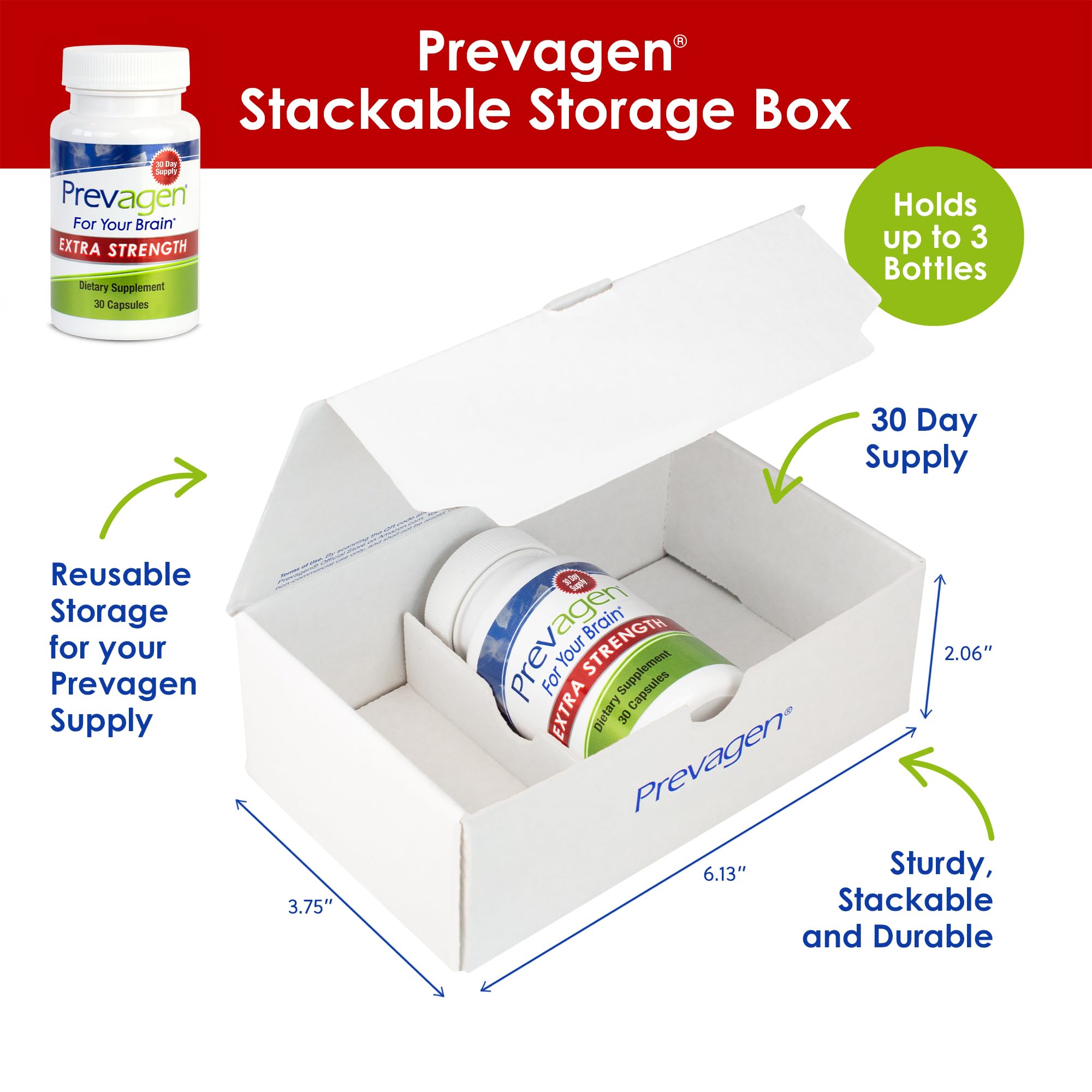 Prevagen stackable box packaging highlighting convenient storage and gifting