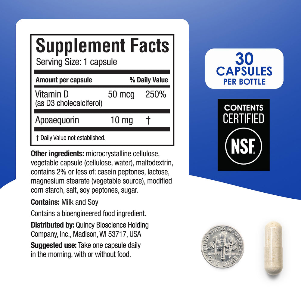 Close-up of Prevagen label showing Apoaequorin and Vitamin D3.